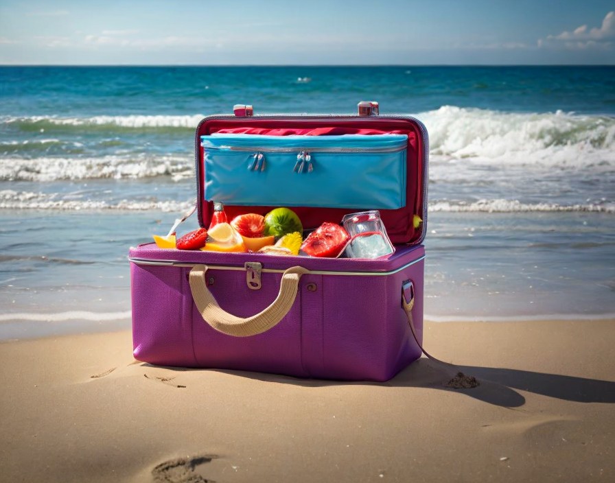 PORTABLE COOLERS FOR COSTA CALIDA BEACHES: AI Image of Purple Cooler on Costa Calida beach, Spain, The Mediterranean