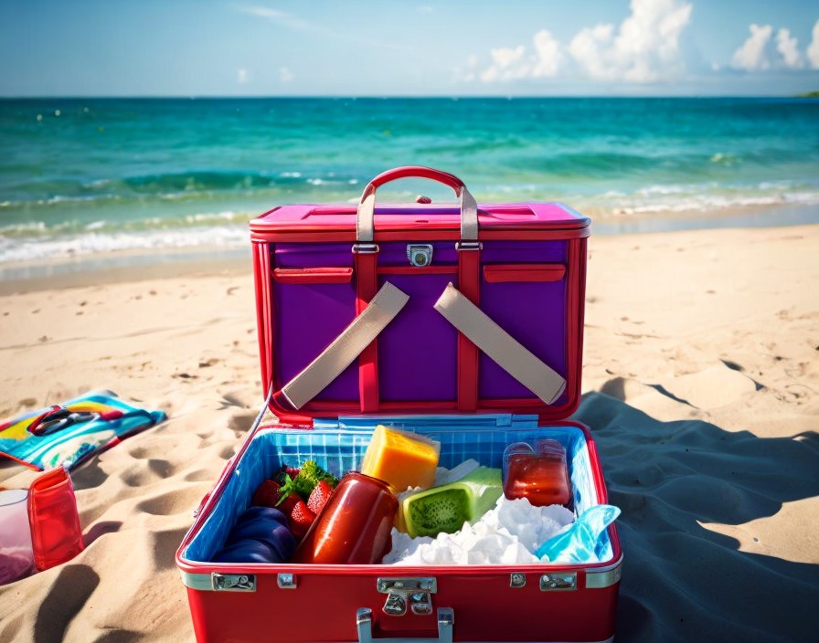 PORTABLE COOLERS FOR COSTA CALIDA BEACHES: AI Image of Red Cooler on Costa Calida beach, Spain, The Mediterranean
