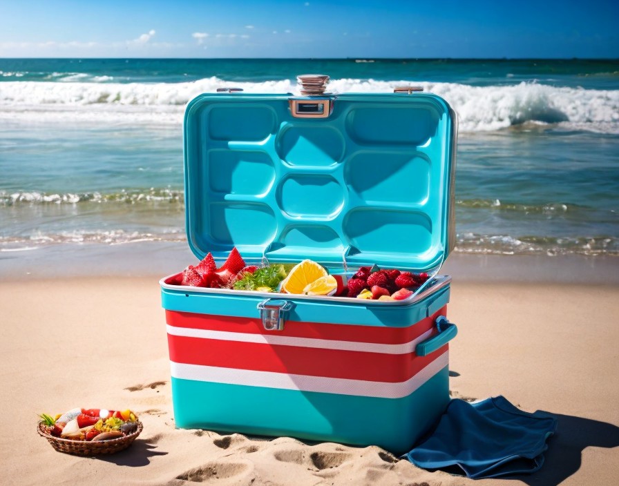 BEST PORTABLE COOLERS FOR COSTA CALIDA BEACHES: AI Image of Cooler with fruit on Costa Calida beach, Spain, The Mediterranean