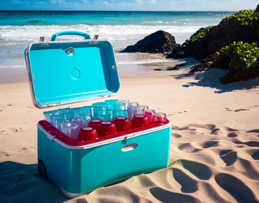 PORTABLE COOLERS FOR COSTA CALIDA BEACHES: AI Image of Blue Cooler on Costa Calida beach, Spain, The Mediterranean